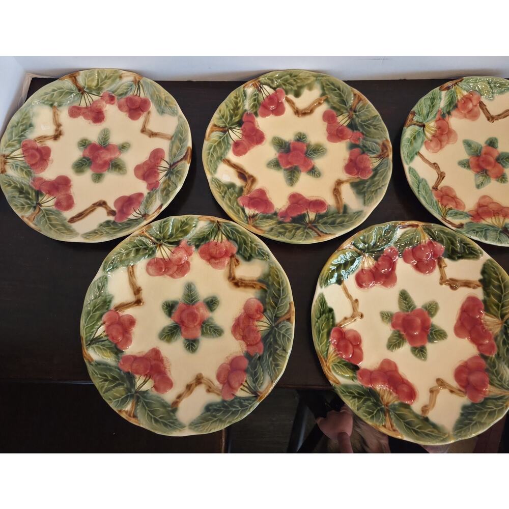 Vintage FFAS France Majolica Cherry Plates Set 6 Faience d’Art de la Sorgue - Picture 5 of 12